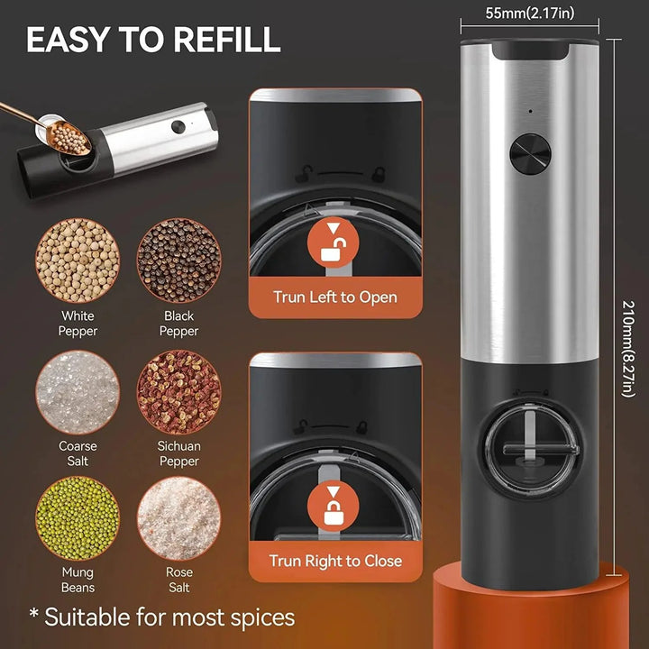 Lisslune | One-handed USB rechargeable electric spice mill set with adjustable grind size