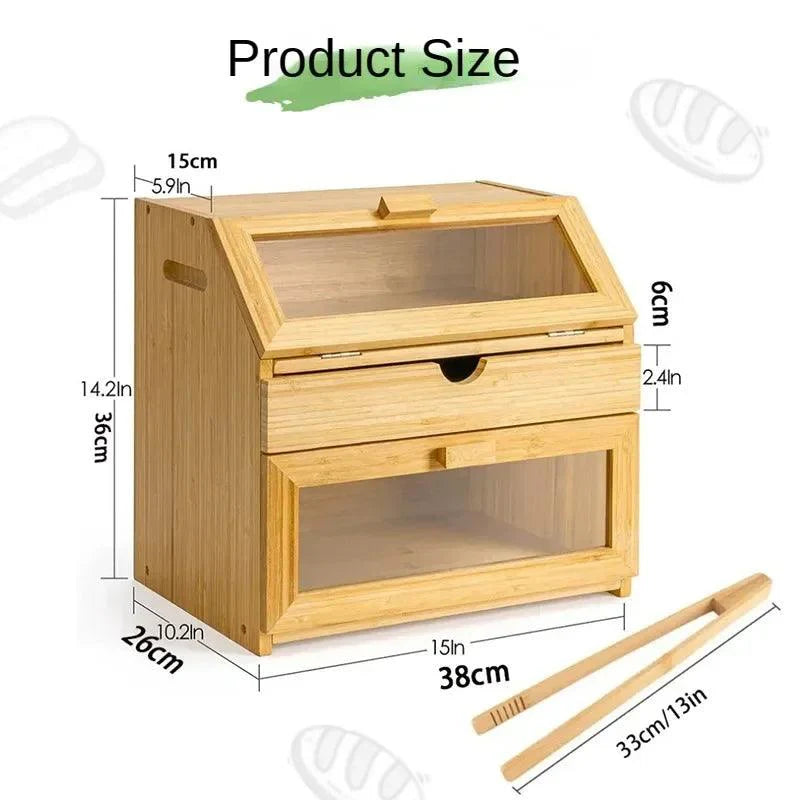 Lisslune | Elegant 3-tier bamboo bread storage box with clear viewing window - Stylish organizer for freshly baked goods