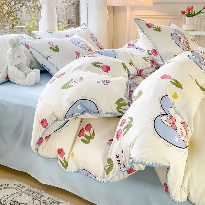 Rynx Pastoral Girls Flower Bedding Sets, Washed Cotton Bedding, Soft Comforter Bedding Set, Simple Bedspread, Home Textiles