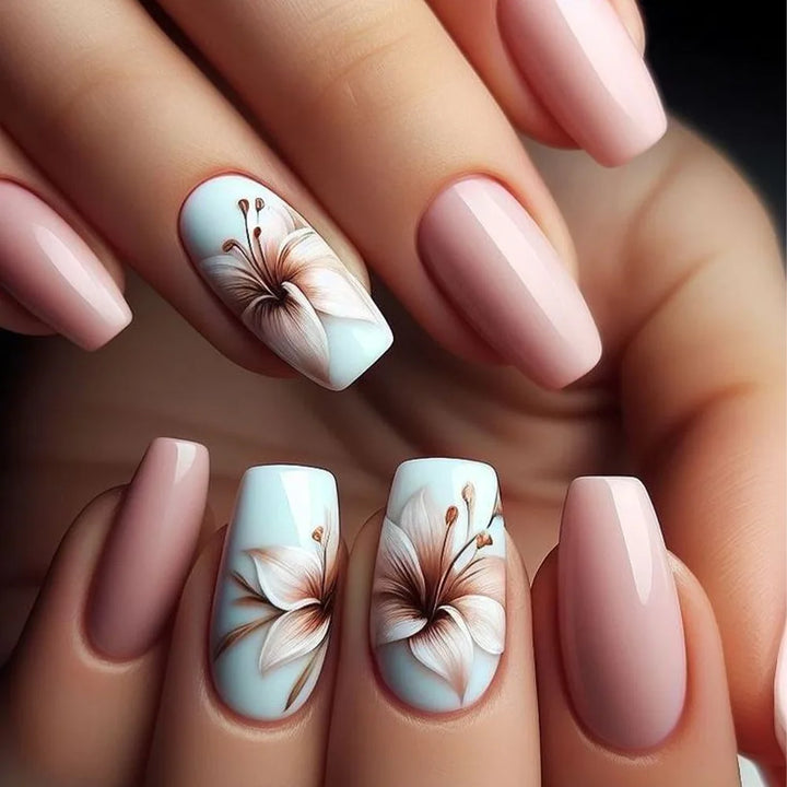 Rynx | 24 pcs. Blue Butterfly Ballet Press-On Nails Art Love Flowers Design Art Nails French Removable Fashion Artificial Nail Tips Manicure