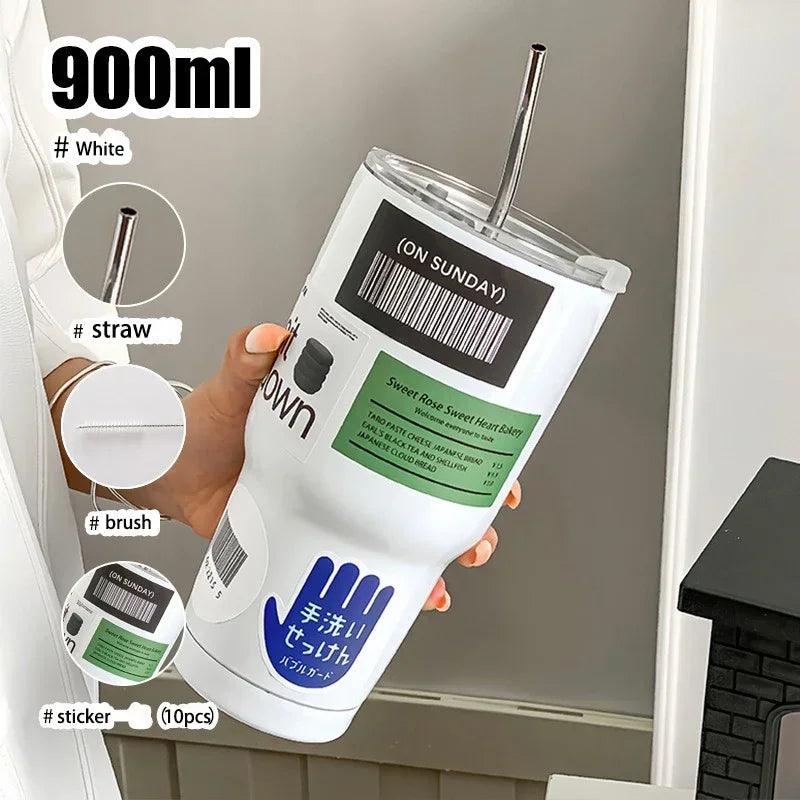 Lisslune | 900ML Double-walled Insulated Steel Travel Mug with Straw and Lid - Perfect for Adventurers and Daily Hydration