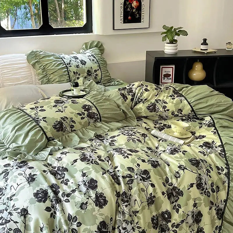 Rynx | French Retro Lightweight Luxury Washed Cotton Four-Piece Set Bedroom Lace Bedding Set Single Bedding Set Dorm Bedding