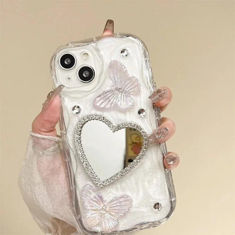 Lisslune | INS 3D Bling Glitter Schmetterling Liebe Herz Makeup Spiegel Handyhülle Für iPhone 13 14 15 16 Pro Max 12 Pro 11 XR XS Silikon Hülle