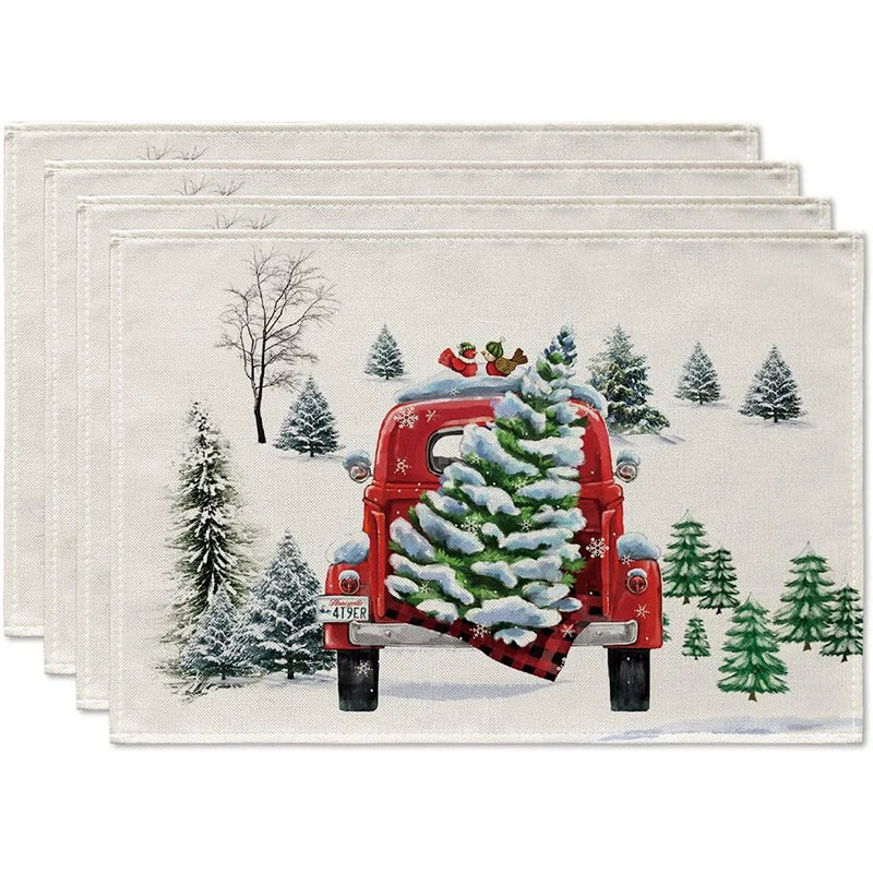 Rynx 4Pc Christmas Tree Moose Placemat Linen Dining Table Mats Coaster Bowl Coffee Mug Pad Mat 2024 Christmas Home Kitchen Decoration