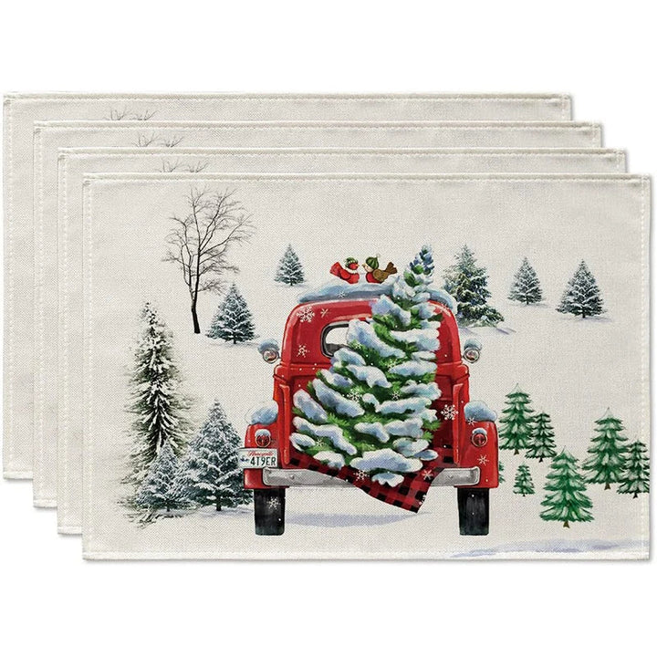 Rynx 4Pc Christmas Tree Moose Placemat Linen Dining Table Mats Coaster Bowl Coffee Mug Pad Mat 2024 Christmas Home Kitchen Decoration