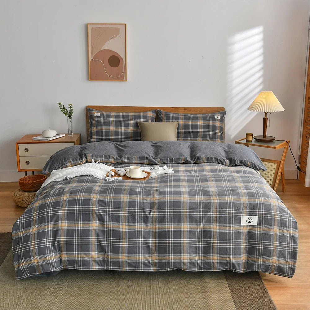 Rynx | 100% Cotton Duvet Cover Set with Pillowcase Japanese Style Grid Duvet Cover 220x240 Duvet Cover Set King Size