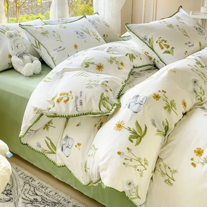 Rynx Pastoral Girls Flower Bedding Sets, Washed Cotton Bedding, Soft Comforter Bedding Set, Simple Bedspread, Home Textiles