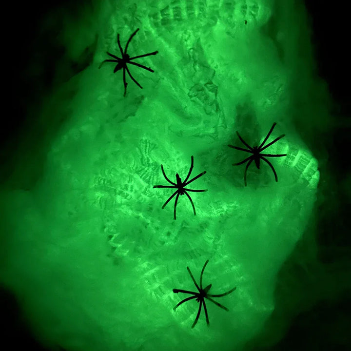 Rynx | Glowing Spider Web, stretchable artificial spider web with artificial spiders, Halloween decorations, outdoor horror haunted house decoration props