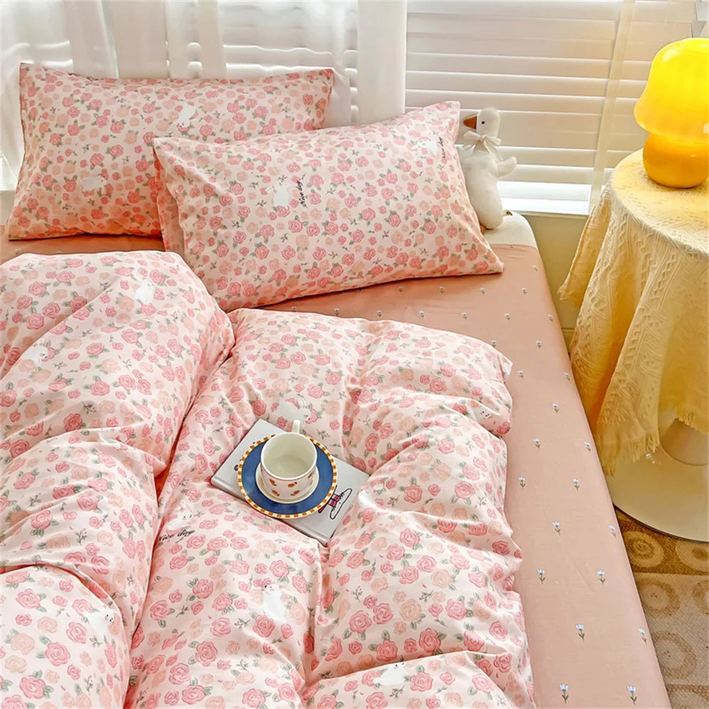 Rynx | Pink Floral Bedding Set Soft Duvet Cover Flat Sheet Pillowcase Girl Flower Polyester Home Bedding Twin Double Full Size