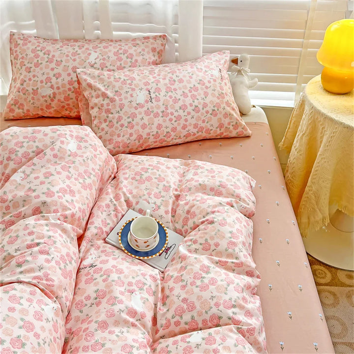 Rynx | Pink Floral Bedding Set Soft Duvet Cover Flat Sheet Pillowcase Girl Flower Polyester Home Bedding Twin Double Full Size