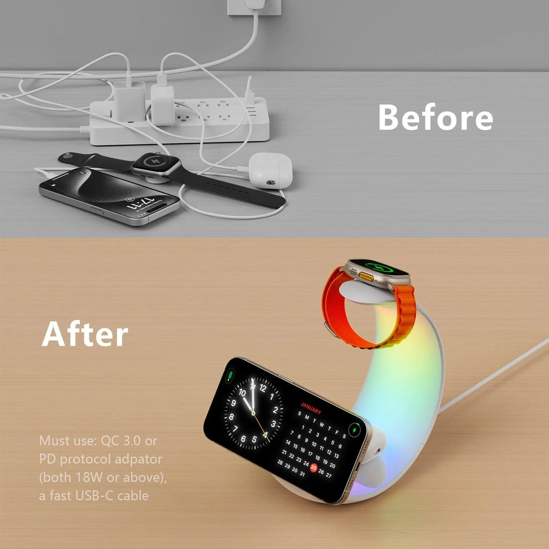 Lisslune | Charging dock with RGB moonlight for AirPods, Apple Watch, and smartphones - Perfect for use at home and in the office