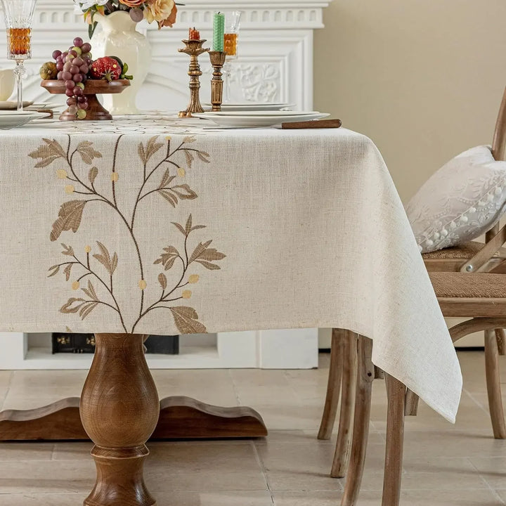 Rynx Embroidered Tablecloth, Cotton-Linen Simple Foldable Dustproof Tablecloth, for Kitchen Dining Room, Party, Birthday Table Decor