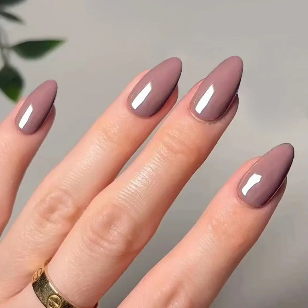 Rynx | Classic Glossy Solid Long Pointed Artificial Nails Brown Green Gray Blue Removable Pre-made Artificial Nails Stick-on Nails with Glue