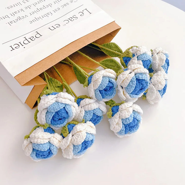 Rynx | 1PC knitted flower rose tulips daisies artificial flower bouquets wedding party decoration hand knitted crochet woven bouquet