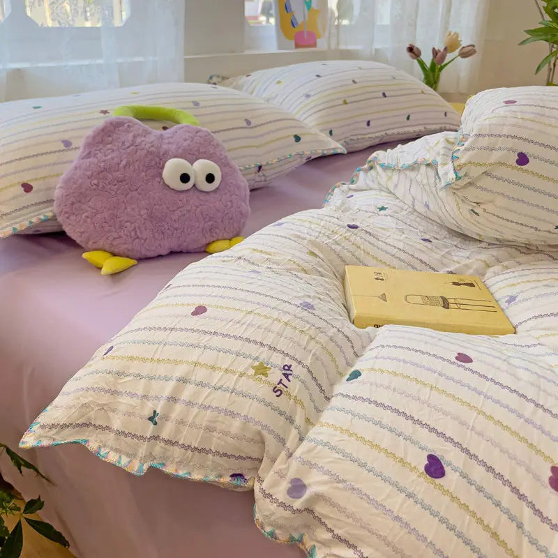Rynx | In the Bedding Set Purple Love Stripes Double Layer Yarn Four-Piece Dorm Girl Heart Bed Sheet and Quilt Set Washed Cotton