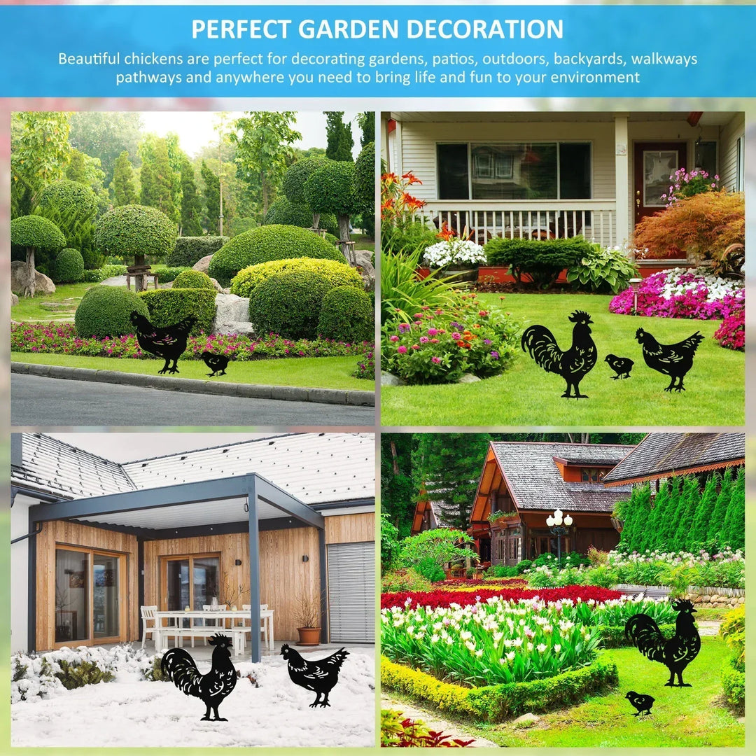 Rynx | 3/9Pcs Chicken Garden Stakes Metal Chicken Decoration Creative Rooster Silhouette Lawn Stake Decorative for Outdoor Terrace Lawn