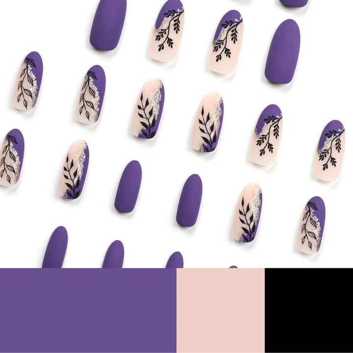 Rynx | Frosted Black Leaf Gold Glitter Powder Long Round Artificial Nails Purple Removable Ready to Stick Artificial Nails with Glue