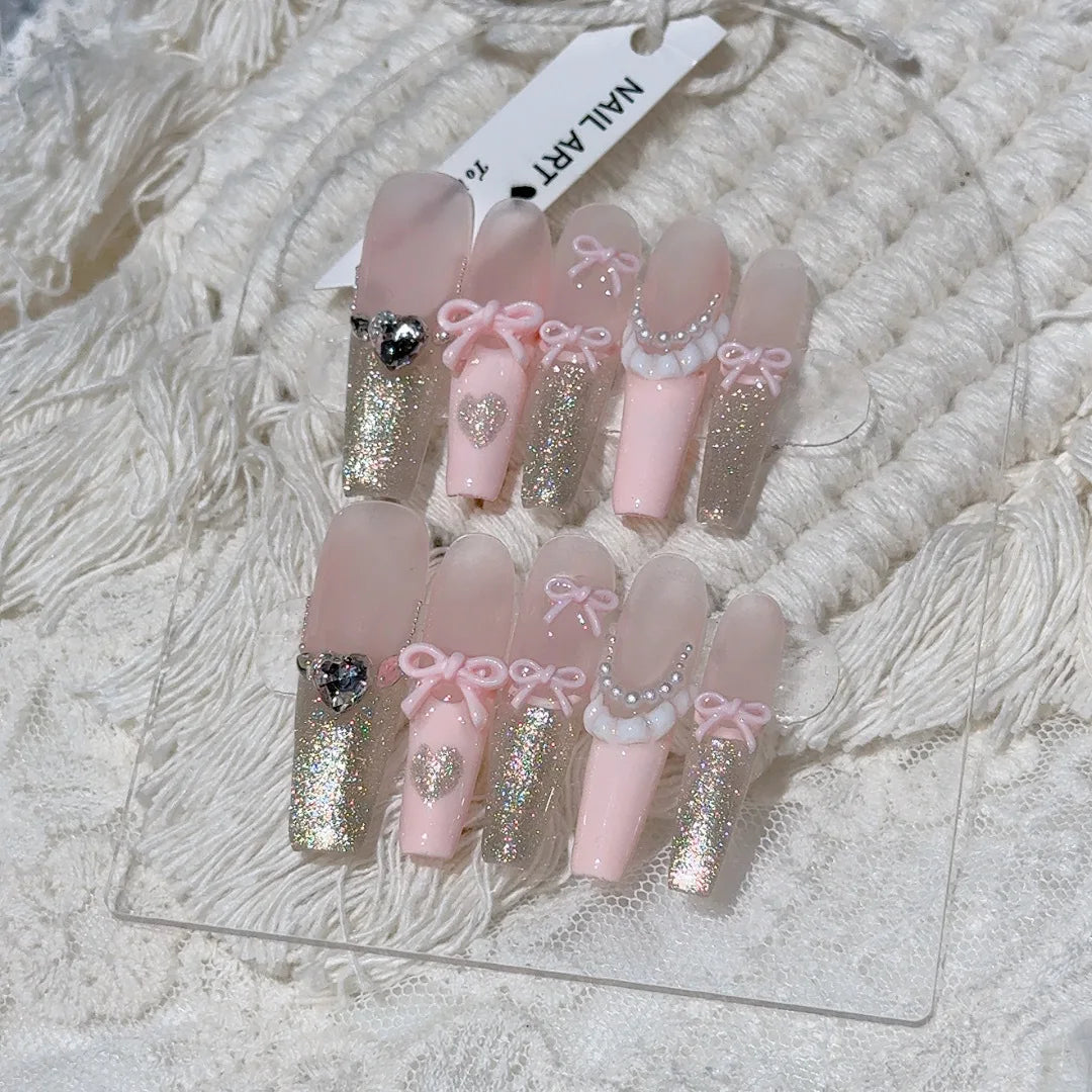 Rynx | 10 Pieces Pink Bow Artificial Nails Glitter Powder Decor Sweet French Stick-on Nails for Women Girls Portable Handmade Korean Artificial Nail Tips