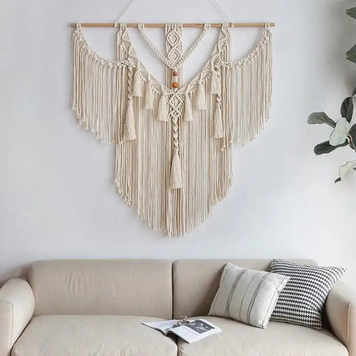 Rynx | Handmade Macrema Wallpaper Wall Tapestry Bohemia Tassel Curtain Wallpaper with Wooden Rod Art Decoration