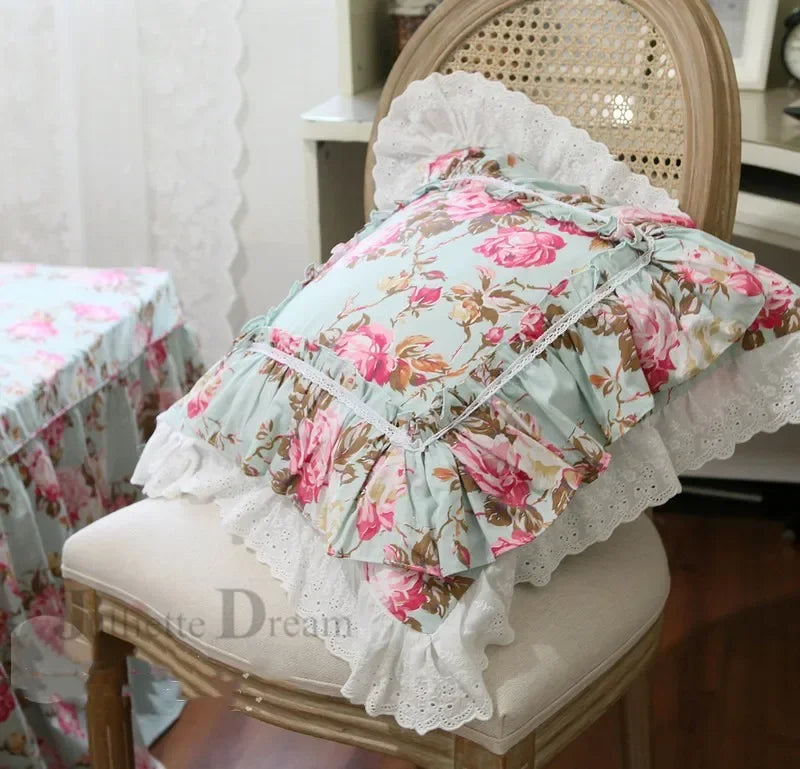Rynx Elegant Ruffle Lace Decorative Pillowcase European Embroidery Bed Pillowcase Princess Pink Print Pillowcase Sofa Cushion