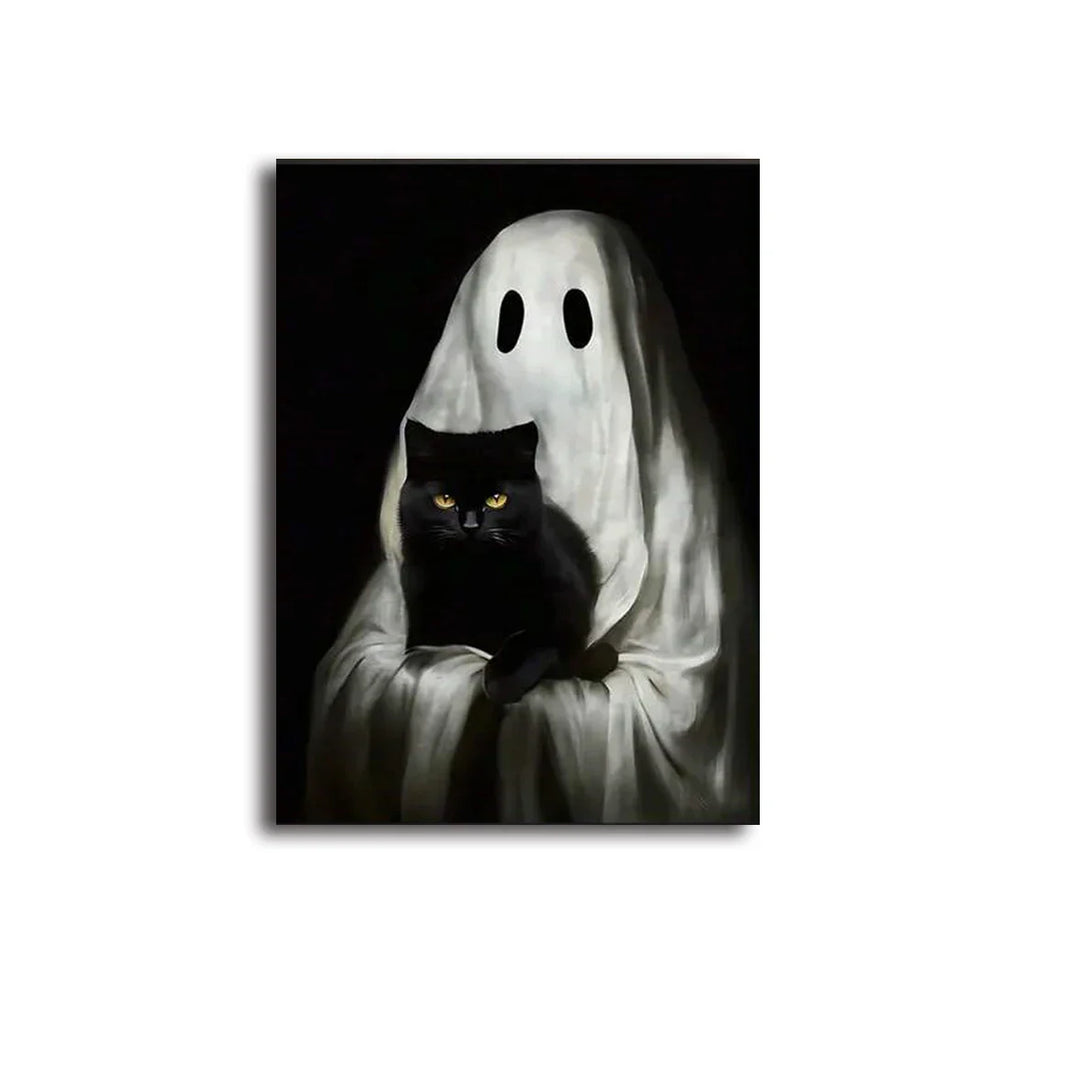 Rynx | Retro Sweet Ghost Companion & Reads Book Canvas Prints Monster Holds Black Cat Wall Art Poster for Living Room Halloween Decor