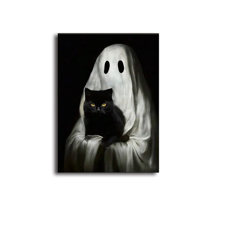 Rynx | Retro Sweet Ghost Companion & Reads Book Canvas Prints Monster Holds Black Cat Wall Art Poster for Living Room Halloween Decor