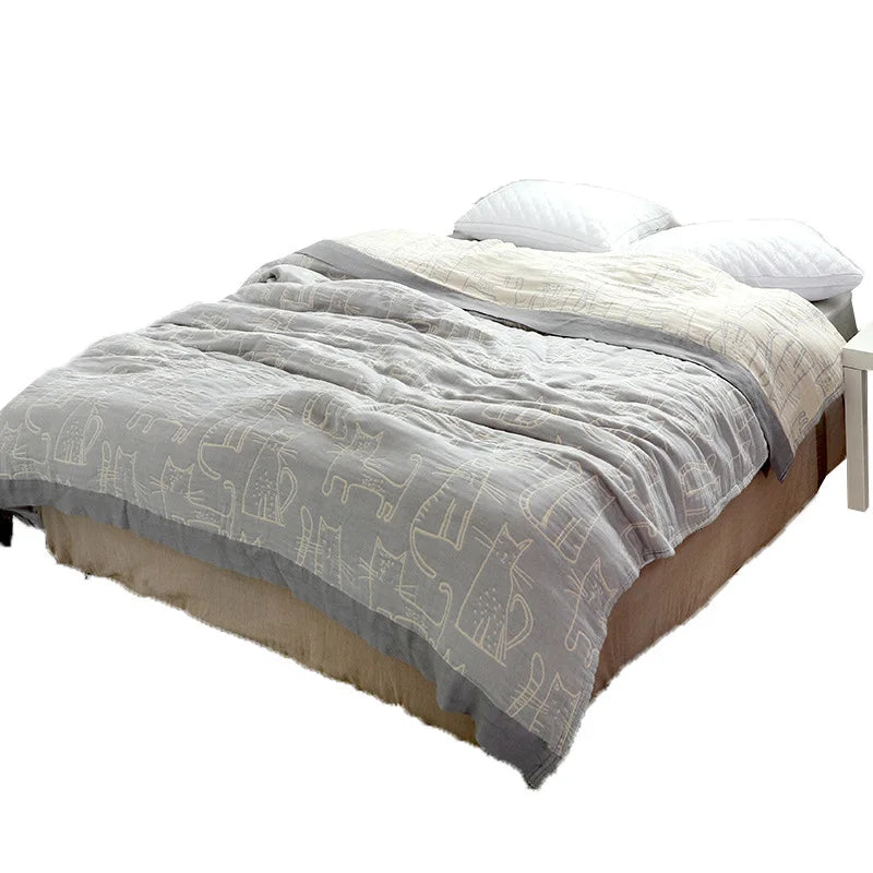 Rynx | Textile City Cartoon Cat Throw Four Layers Bamboo Cotton Gauze Blanket Single Double Four Seasons Towel for Bedroom 200x230cm