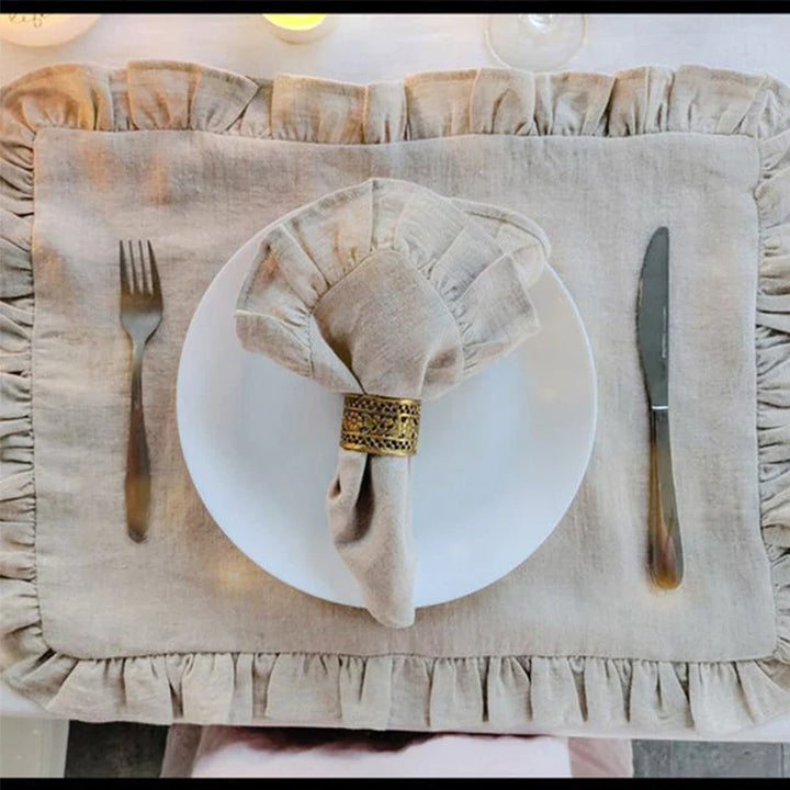Rynx 4PCS 100% Linen Ruffle Place Mats, Elegant Napkin Fabrics, Event Design Wedding Dinner Table Dinner Party Decor