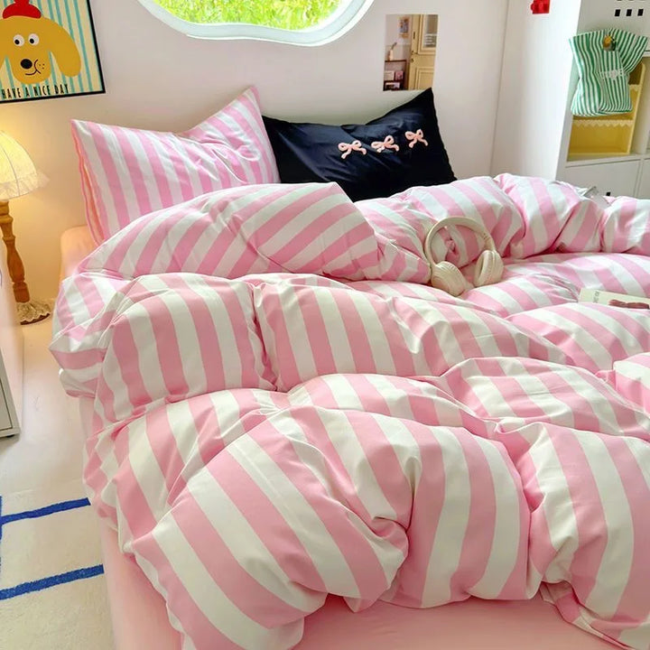 Rynx | Korean Bedding Set INS Girls Striped Soft Washed Cotton Bed Sheet Set Queen King Size Duvet Set Pillowcases Bed Linen