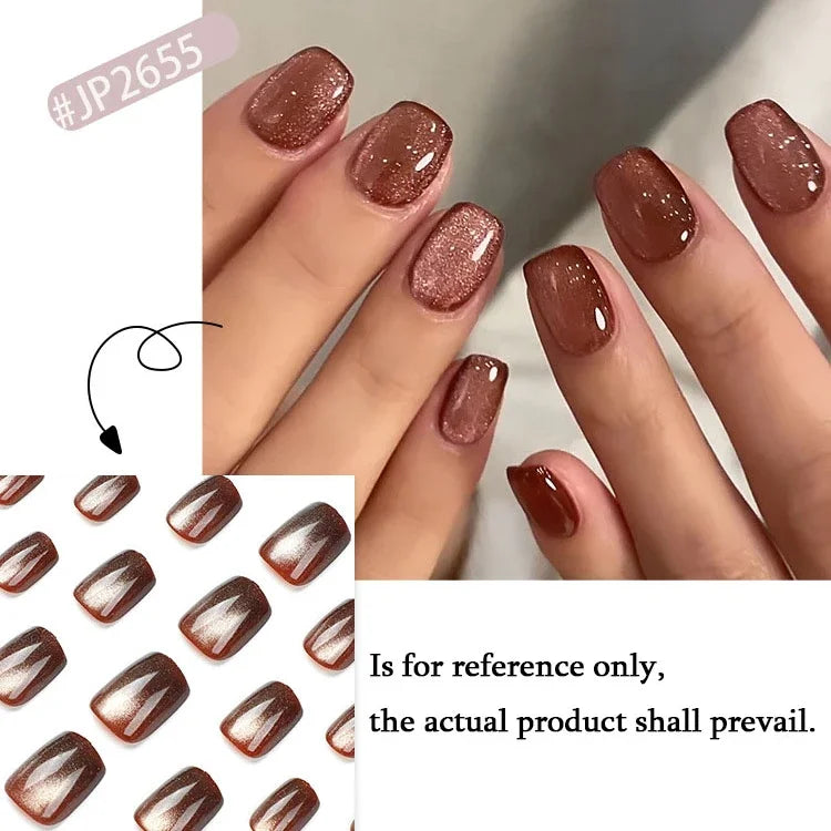 Rynx | Nude Pink Cat Eye Red French Nail Art Portable Fashion False Nails Removable Ready False Nails Press on Nails with Glue