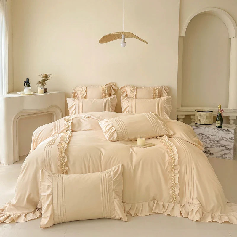 Rynx | Korean Princess Style Lace Ruffle Bedding Set Solid Color Duvet Cover Set Flat/Fitted Sheet Pillowcases with Pillow Covers