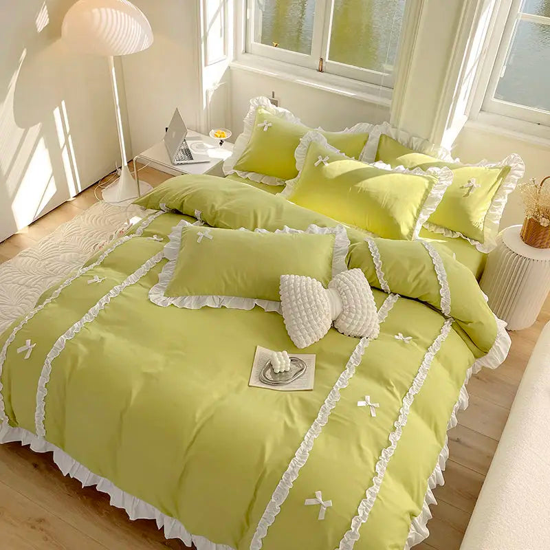 Rynx | Princess Style Duvet Cover Set with Bed Sheet Pillowcases Korean Green Pink Girls Gift Spring Single Queen Size Bedding Set