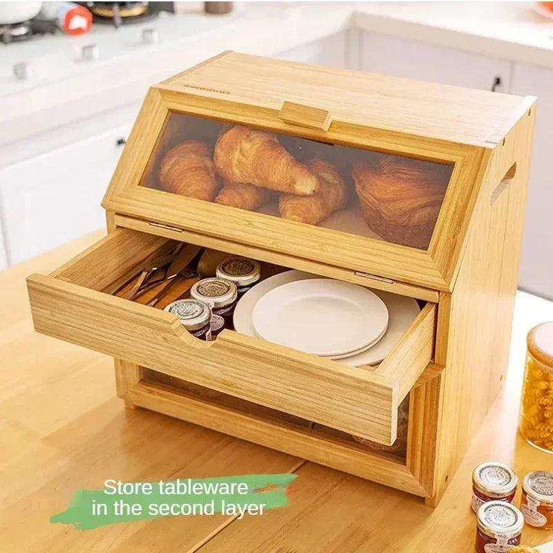 Lisslune | Elegant 3-tier bamboo bread storage box with clear viewing window - Stylish organizer for freshly baked goods