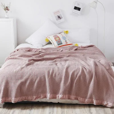 Rynx | 100% Cotton Soft Bed Plaid Home Japanese Knitted Blanket Corn Grain Waffle Texture Summer Ruffles Warm Plaid Throw Blanket