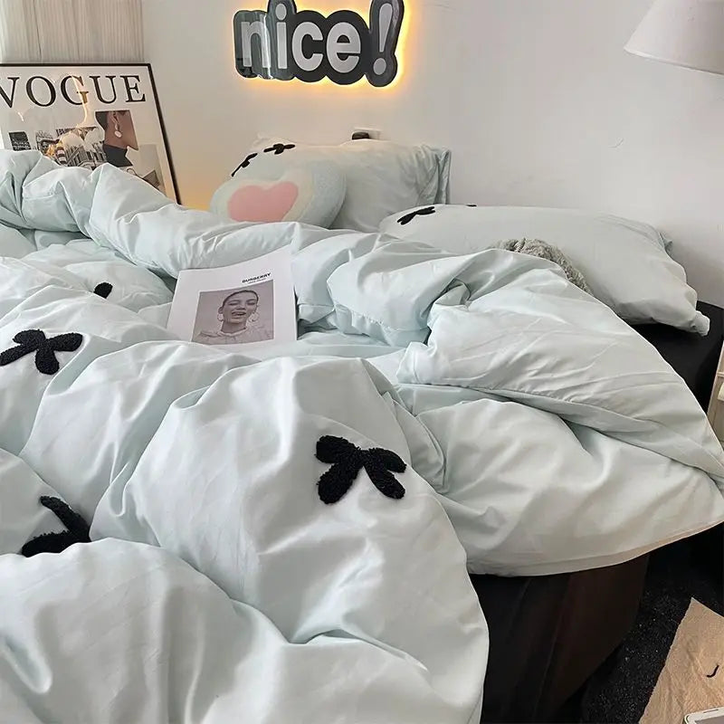 Rynx | Bedding Set in Minimalist Style Blue Wash Cotton Black Bow Towel Embroidered Four PIECE Set, 1.5 Bed Sheet