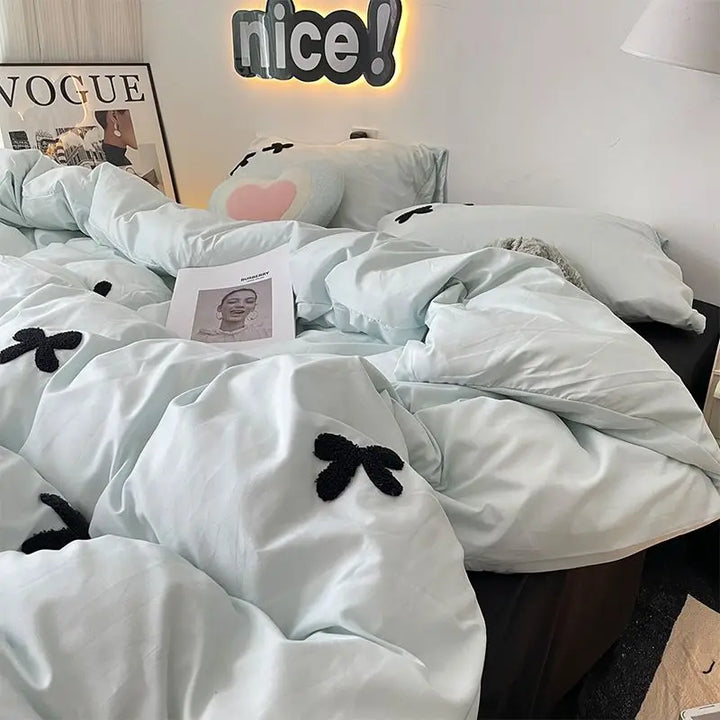 Rynx | Bedding Set in Minimalist Style Blue Wash Cotton Black Bow Towel Embroidered Four PIECE Set, 1.5 Bed Sheet