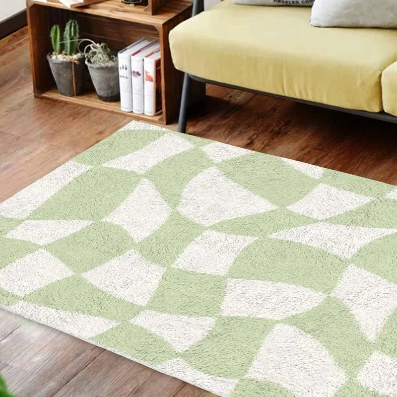 Rynx | Grass Green Living Room Large Area Rug Geometric Bedroom Rugs Modern Minimalist Rug Abstract Plaid Mat Soft Velvet Rugs