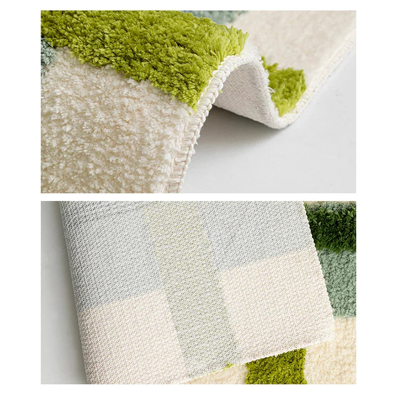 Rynx | Tufting Checks Bath Rug Chic Bathroom Rug Soft Fluffy Geometric Mat Carpet Floor Non-Slip Mat Aesthetic Home Space Green Decor