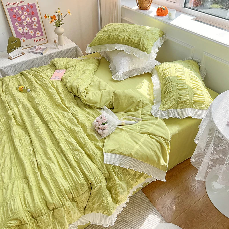 Rynx | Korean Princess Style Summer Cool Quilt Comforter Soft Seersucker Lace Ruffle Summer Thin Quilt Blanket Machine Washable