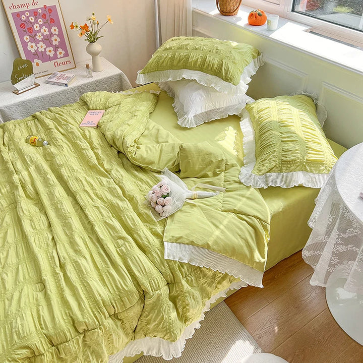 Rynx | Korean Princess Style Summer Cool Quilt Comforter Soft Seersucker Lace Ruffle Summer Thin Quilt Blanket Machine Washable