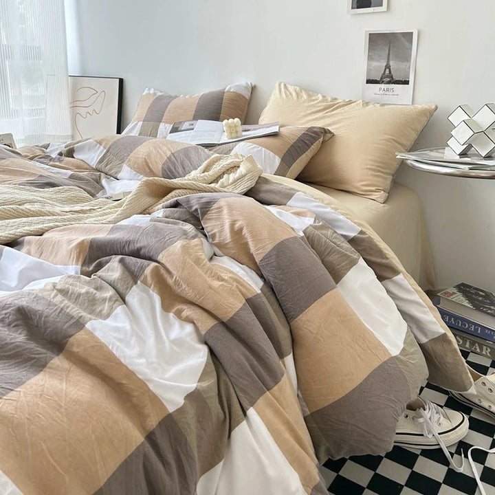 Rynx | Bedding washed cotton striped grid minimalist bed sheet set duvet sets queen duvet double for boys and girls