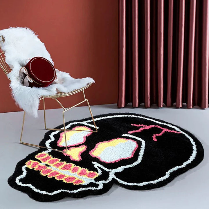 Rynx | Cooler Black Tufting Skull Living Room Rug Soft Chic Carpet Bedroom Nightstand Mat Door Floor Anti-Slip Pad Aesthetic Home Decor