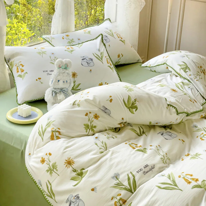 Rynx Pastoral Girls Flower Bedding Sets, Washed Cotton Bedding, Soft Comforter Bedding Set, Simple Bedspread, Home Textiles