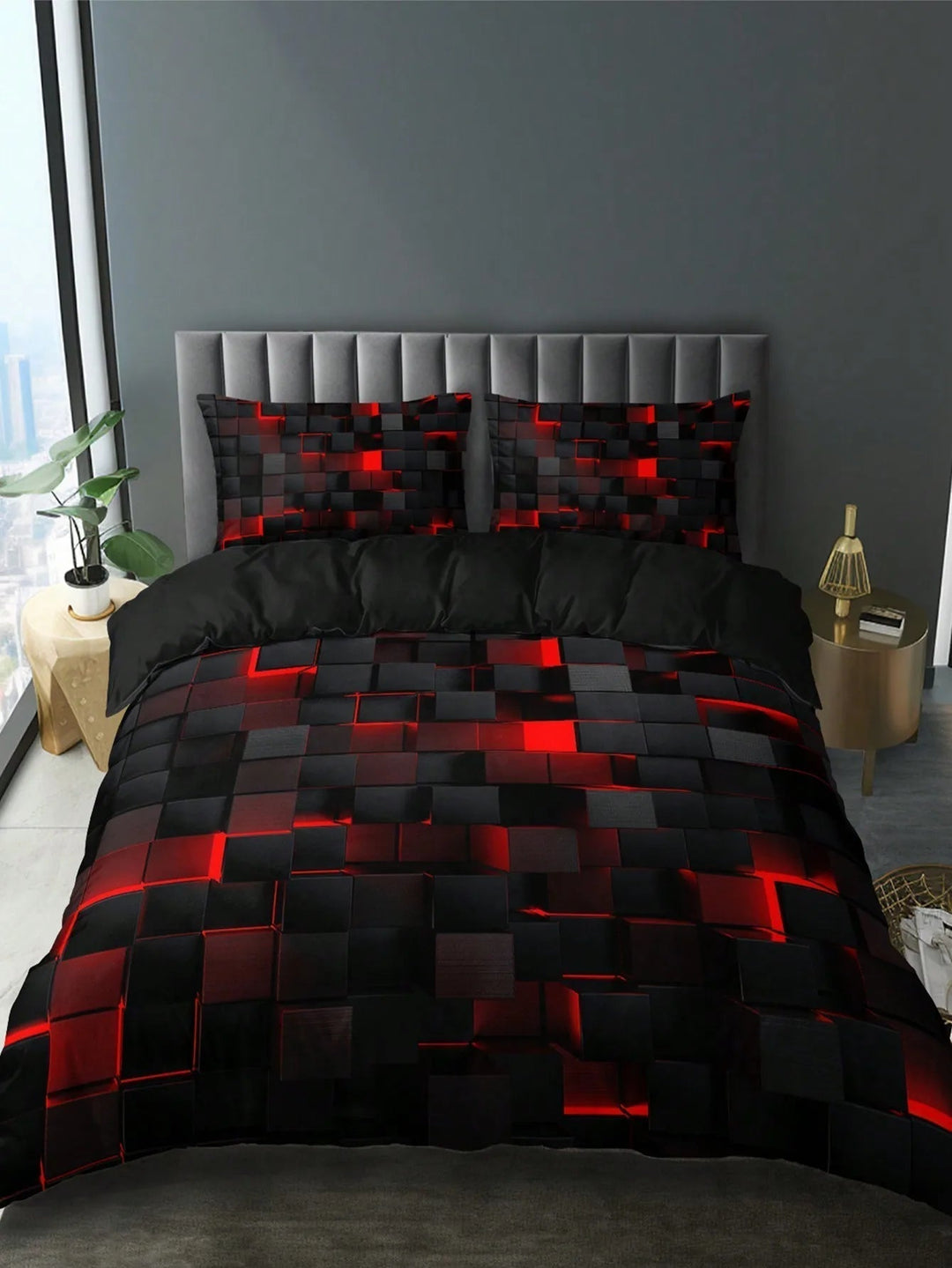 Lisslune | GridLuxe - modern bed linen set with dynamic red grid