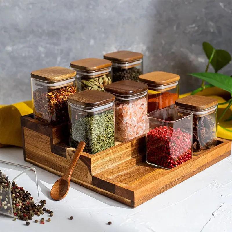 Lisslune | Elegant Acacia Wood and Glass Spice Jar Set - 4 Pieces for Kitchen Organization
