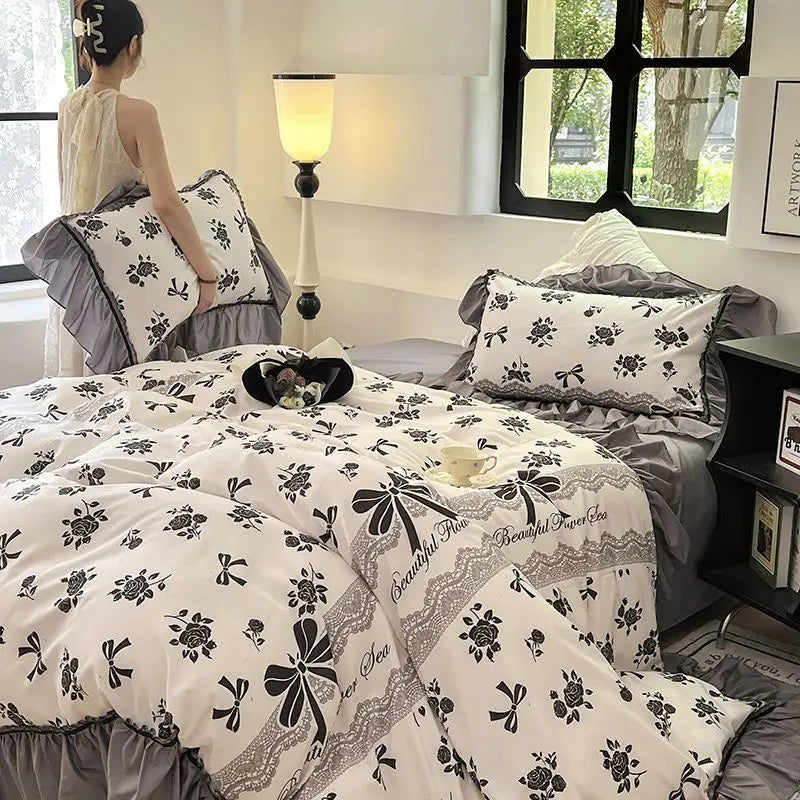 Rynx | French Retro Lightweight Luxury Washed Cotton Four-Piece Set Bedroom Lace Bedding Set Single Bedding Set Dorm Bedding