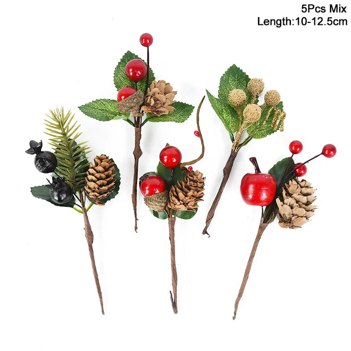 Rynx 5 Piece Christmas Red Berries Artificial Flower Pine Cone Branch Christmas Tree Decorations Ornament Gift Packaging Home DIY Wreath