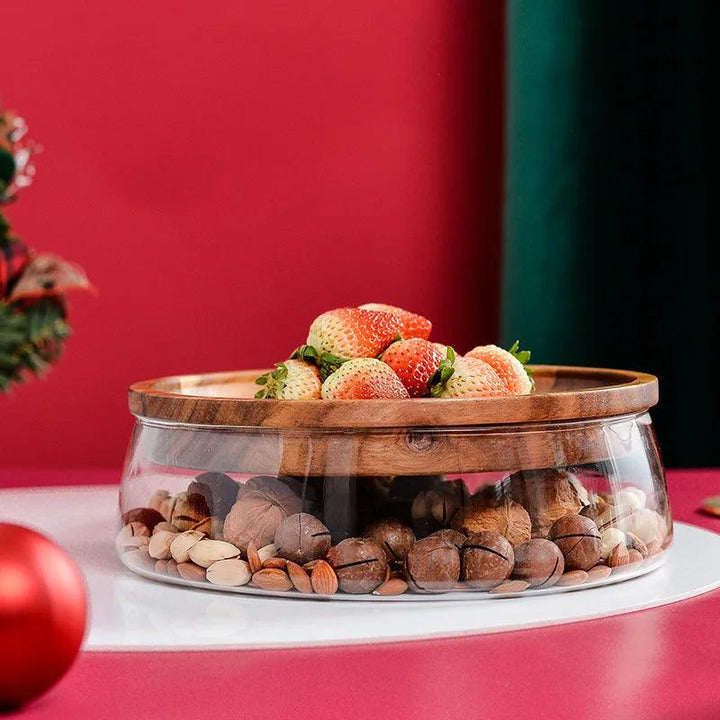 Lisslune | Elegant Acacia Wood Double-Layer Glass Storage Tray for Nuts and Fruits