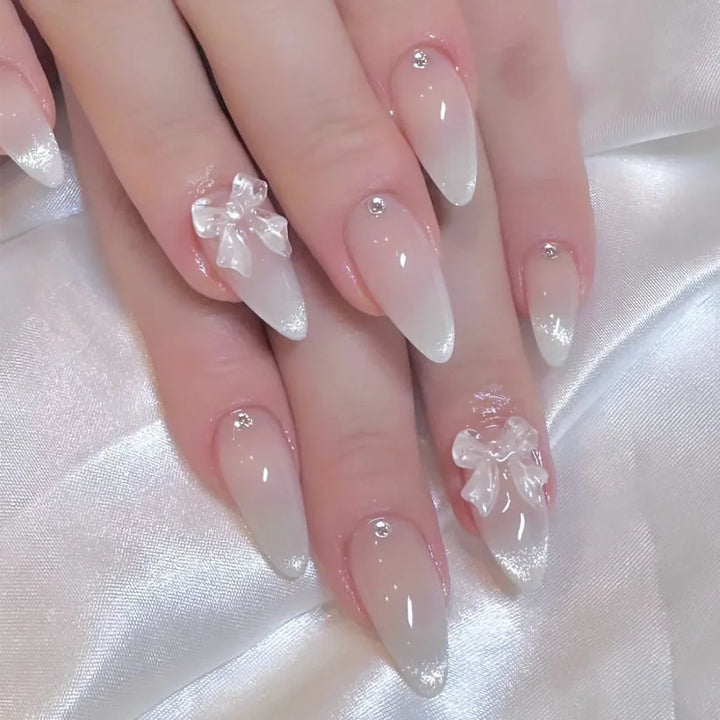 Rynx | Gray Sparkling Cat Eye Sweet Bow Nail Art Solid Color False Nails Removable Ready False Nails Press-on Nails with Glue