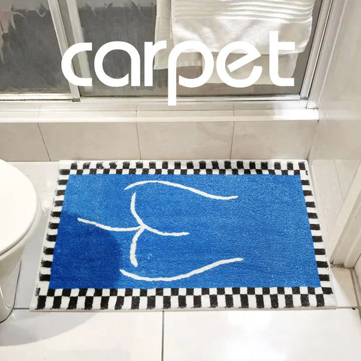 Rynx | Minimalist Abstract Checkered Blue Rugs Comfortable Soft Bedroom Decoration Rug Bathroom Non-Slip Doormat Super Absorbent Cushion
